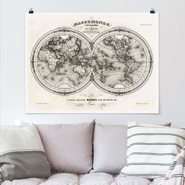 Poster - Weltkarte - Französische Karte der Hemissphären von 1848 - Querformat 3:4