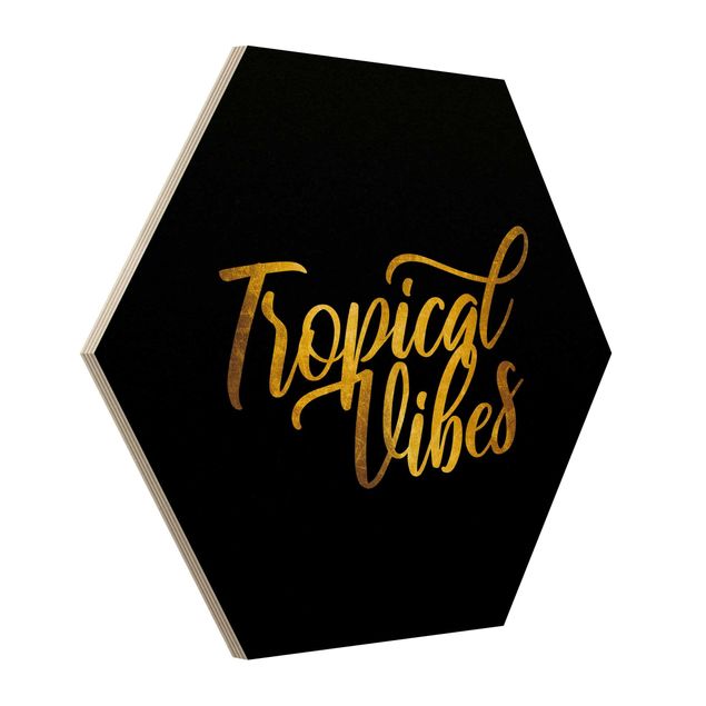 Hexagon Bild Holz - Gold - Tropical Vibes auf Schwarz