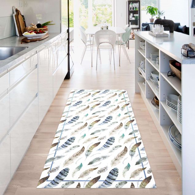 Moderne Teppiche Boho Aquarell Federn in Erdtönen mit Rahmen