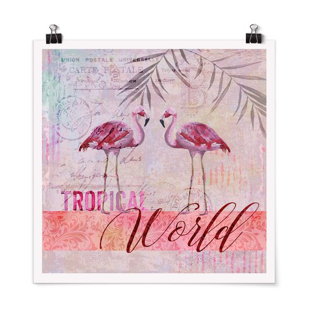 Poster - Vintage Collage - Tropical World Flamingos - Quadrat 1:1