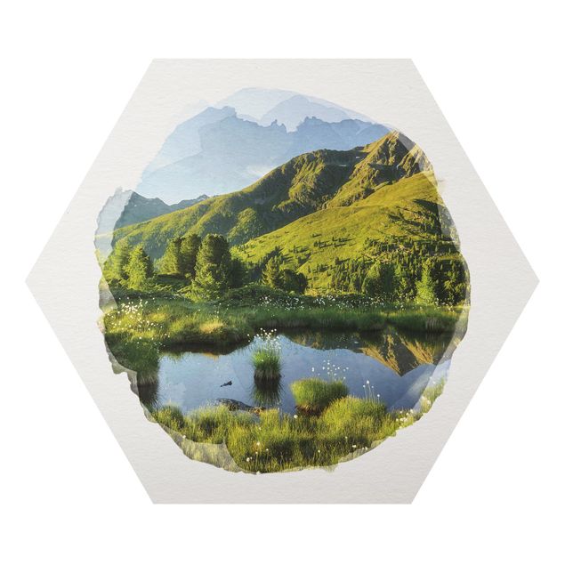 Hexagon Bild Alu-Dibond - Wasserfarben - Blick vom Hirschbichl ins Defereggental