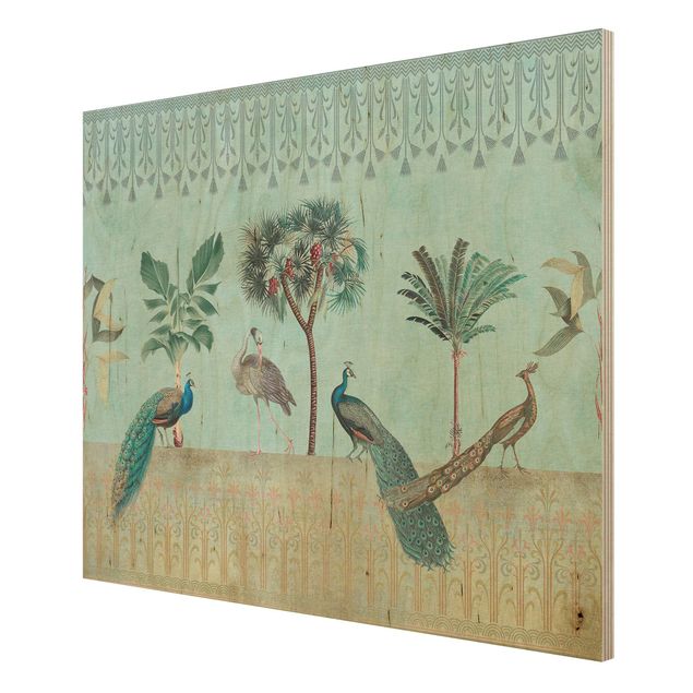 Holzbild - Vintage Collage - Tropische Vögel mit Palmen - Querformat 3:4