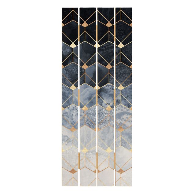 Holzbild - Elisabeth Fredriksson - Blaue Geometrie goldenes Art Deco - Hochformat 5:2