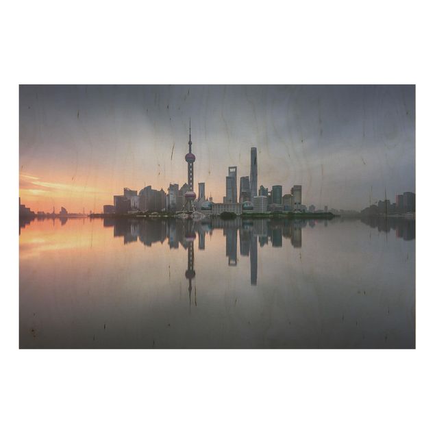 Holzbild - Shanghai Skyline Morgenstimmung - Querformat 2:3