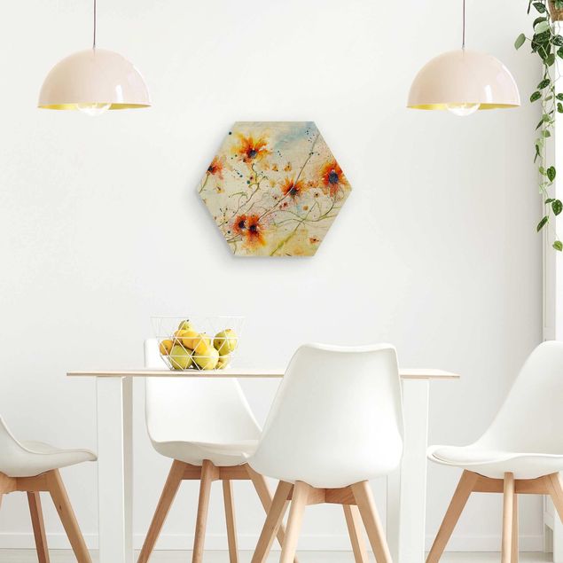Hexagon Bild Holz - Painted Flowers