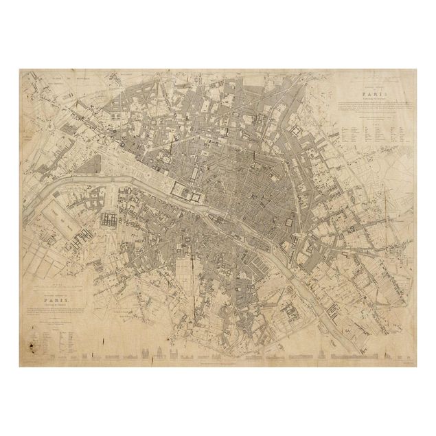 Holzbild - Vintage Stadtplan Paris - Querformat 3:4