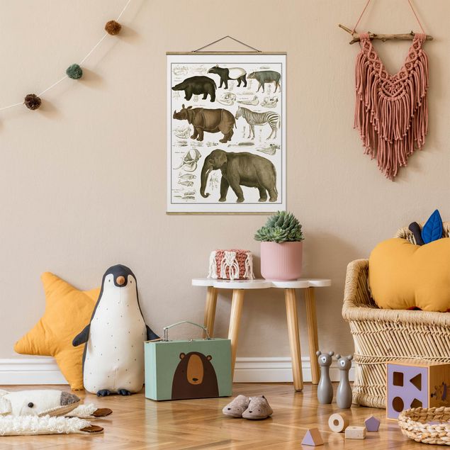 Stoffbild mit Posterleisten - Vintage Lehrtafel Elefant, Zebra und Nashorn - Hochformat 3:4