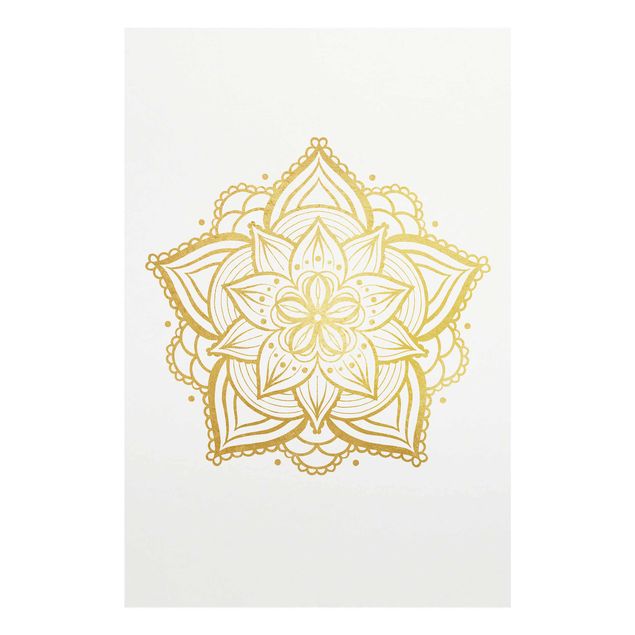 Glasbild - Mandala Blüte Illustration weiß gold - Querformat 2:3