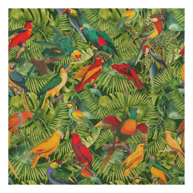 Holzbild - Bunte Collage - Papageien im Dschungel - Quadrat 1:1
