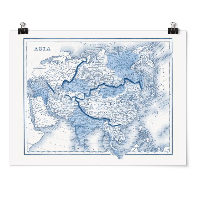 Poster - Karte in Blautönen - Asien - Querformat 3:4