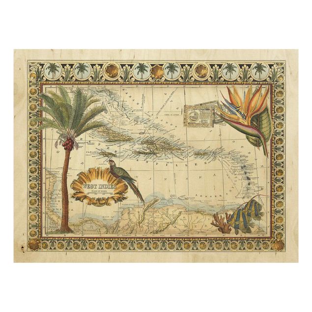 Holzbild - Vintage Tropische Landkarte West Indien - Querformat 3:4