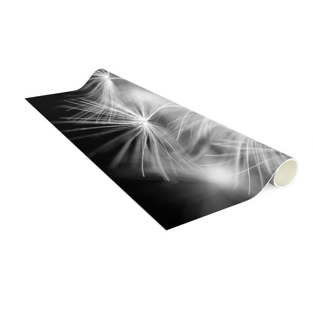 Schwarz-weißer Teppich Bewegte Pusteblumen Nahaufnahme auf schwarzem Hintergrund