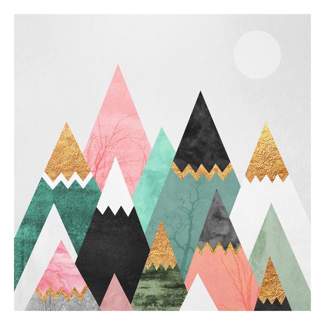 Forex Fine Art Print - Dreieckige Berge mit Goldspitzen - Quadrat 1:1