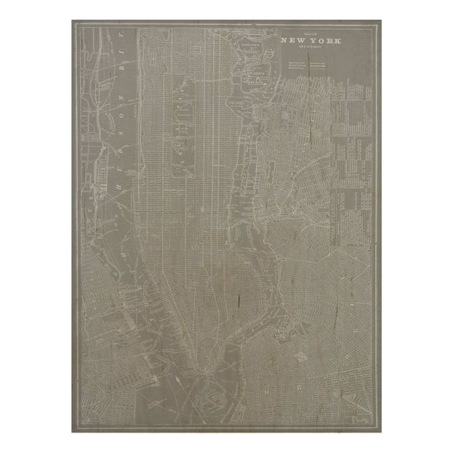 Holzbild - Vintage Stadtplan New York Manhattan - Hochformat 4:3