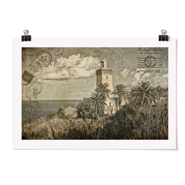 Poster - Vintage Postkarte mit Leuchtturm und Palmen - Querformat 2:3
