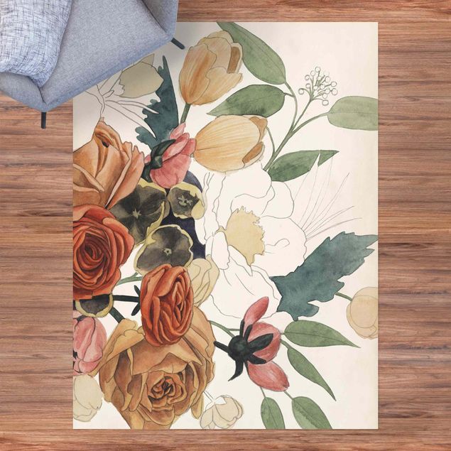 Moderne Teppiche Zeichnung Blumenbouquet in Rot und Sepia II