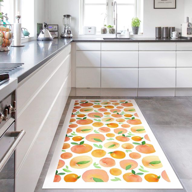 Moderne Teppiche Aquarell Orangen mit Blättern in weißem Rahmen
