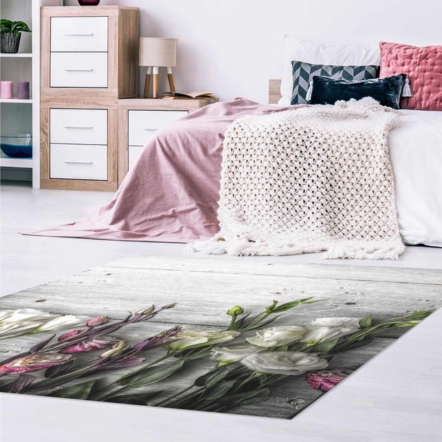 Teppich Blumen Tulpen-Rose Shabby Holzoptik