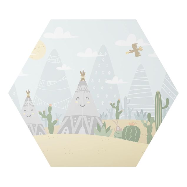 Hexagon Bild Alu-Dibond - Indianerzelt mit Kakteen