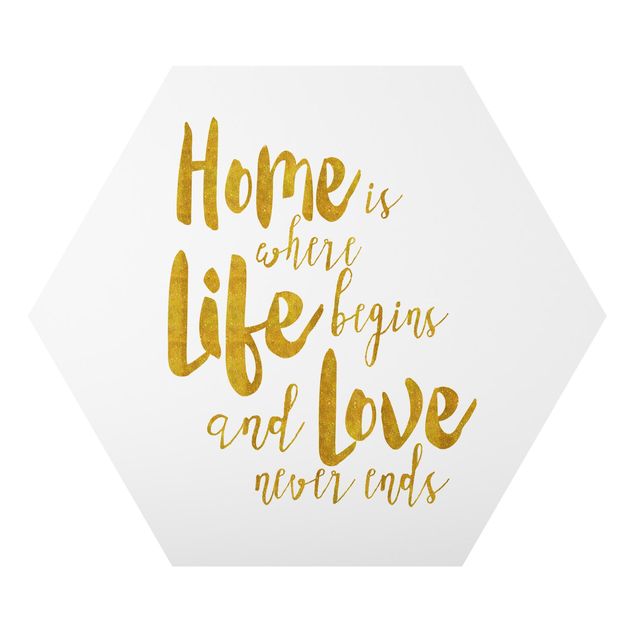 Hexagon Bild Alu-Dibond - Home is where Life begins Gold