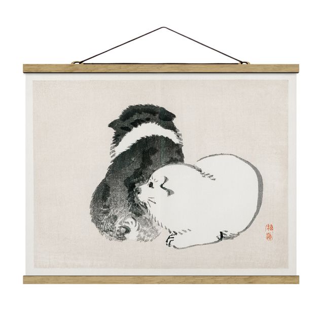 Stoffbild mit Posterleisten - Asiatische Vintage Zeichnung Schwarze und weiße Hündchen - Querformat 4:3