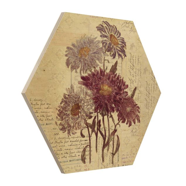 Hexagon Bild Holz - Vintage Blumen mit Handschrift