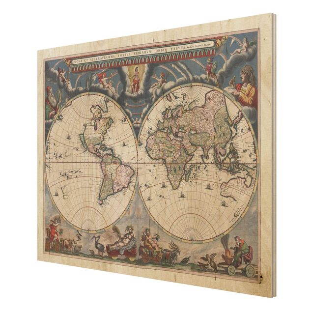 Holzbild - Historische Weltkarte Nova et Accuratissima von 1664 - Querformat 3:4