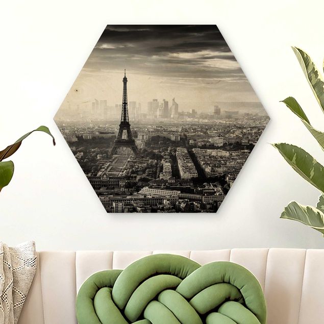 Hexagon Bild Holz - Der Eiffelturm von Oben Schwarz-weiß