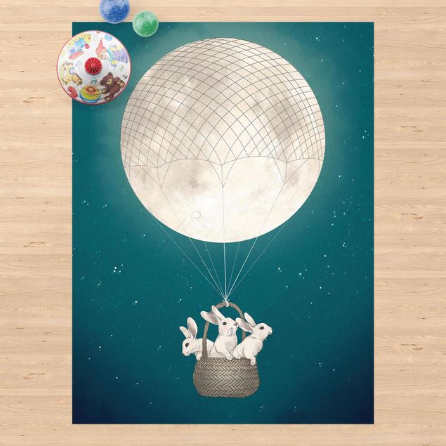 outdoor-teppich wetterfest Illustration Hasen Mond-Heißluftballon Sternenhimmel