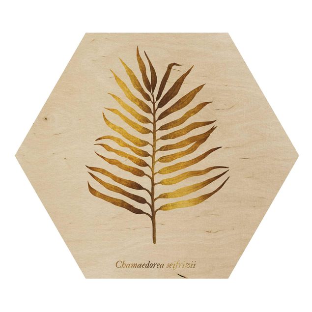 Hexagon Bild Holz - Gold - Palmenblatt II