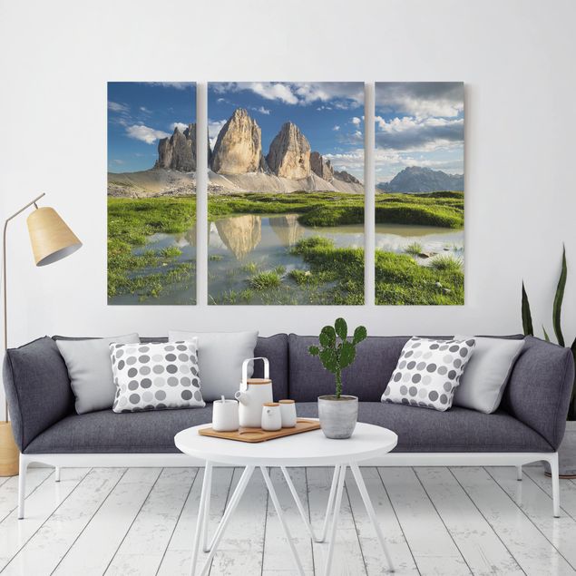 Leinwandbild 3-teilig - Südtiroler Zinnen und Wasserspiegelung - Triptychon