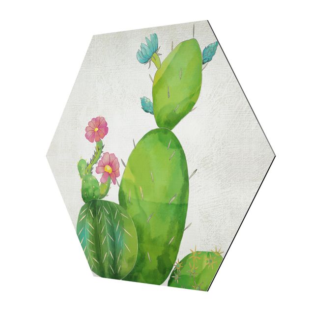 Hexagon Bild Alu-Dibond - Kaktusfamilie rosa türkis