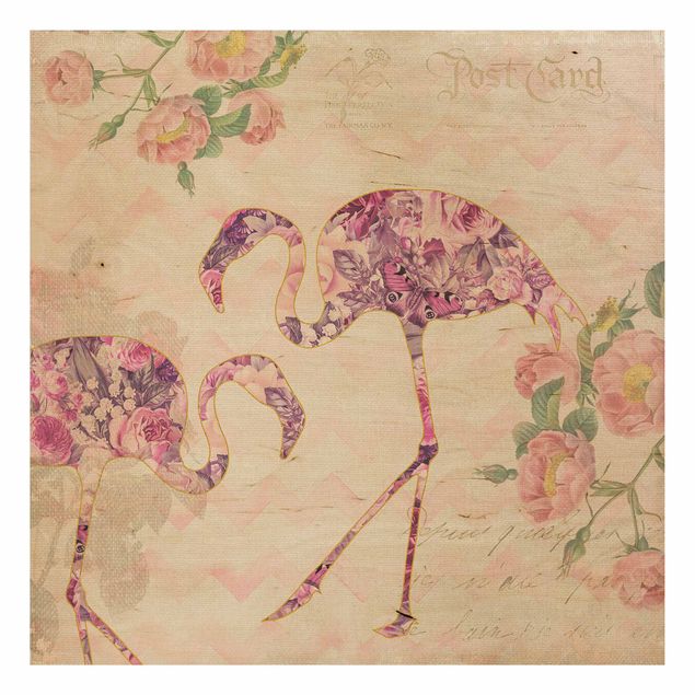 Holzbild - Vintage Collage - Rosa Blüten Flamingos - Quadrat 1:1