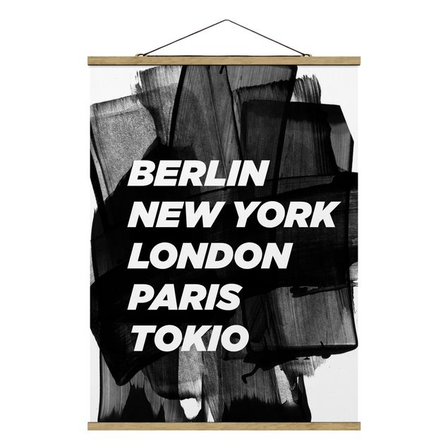 Stoffbild mit Posterleisten - Berlin New York London - Hochformat 3:4