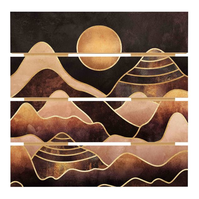 Holzbild - Elisabeth Fredriksson - Goldene Sonne abstrakte Berge - Quadrat 1:1