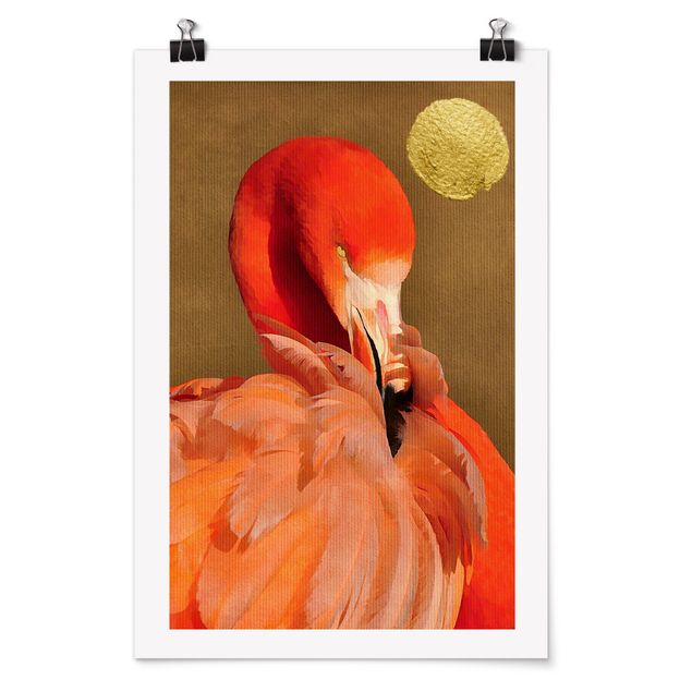 Poster - Goldener Mond mit Flamingo - Hochformat 3:2
