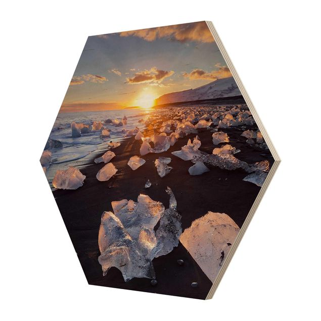 Hexagon Bild Holz - Eisbrocken am Strand Island