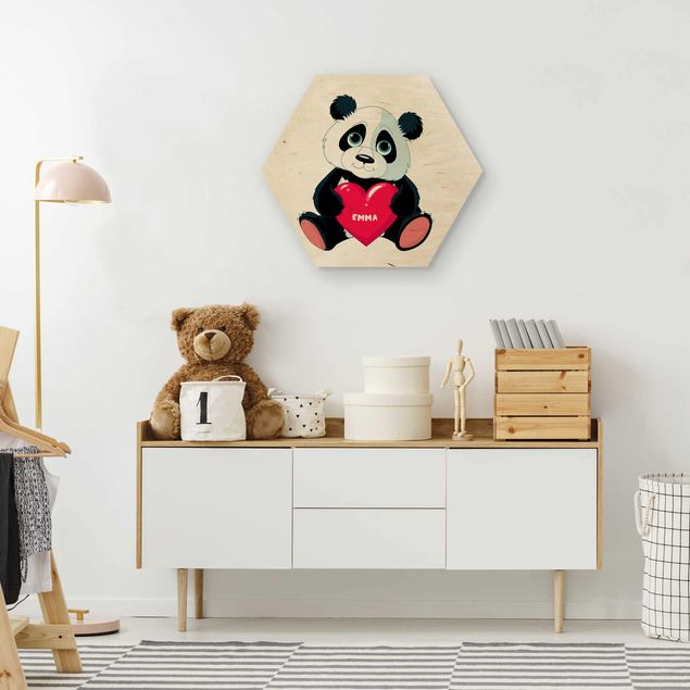 Hexagon Bild Holz mit Wunschtext - Panda mit Herz