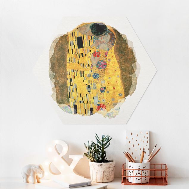 Hexagon Bild Alu-Dibond - Wasserfarben - Gustav Klimt - Der Kuss