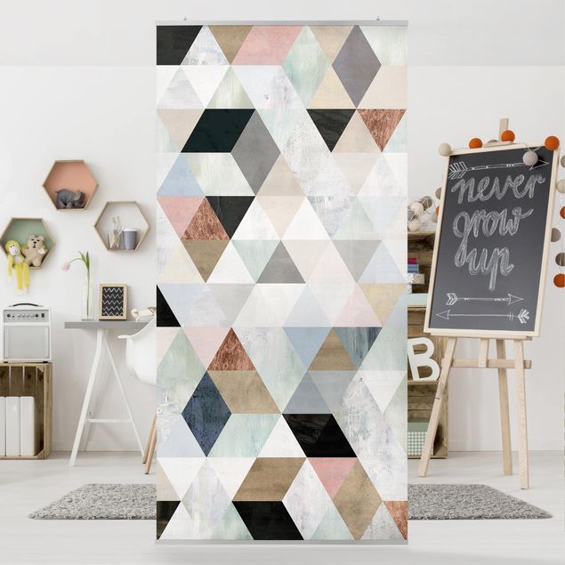 Raumteiler - Aquarell-Mosaik mit Dreiecken I - 250x120cm