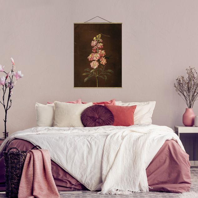 Stoffbild mit Posterleisten - Barbara Regina Dietzsch - Eine rosa Garten-Levkkoje - Hochformat 3:4