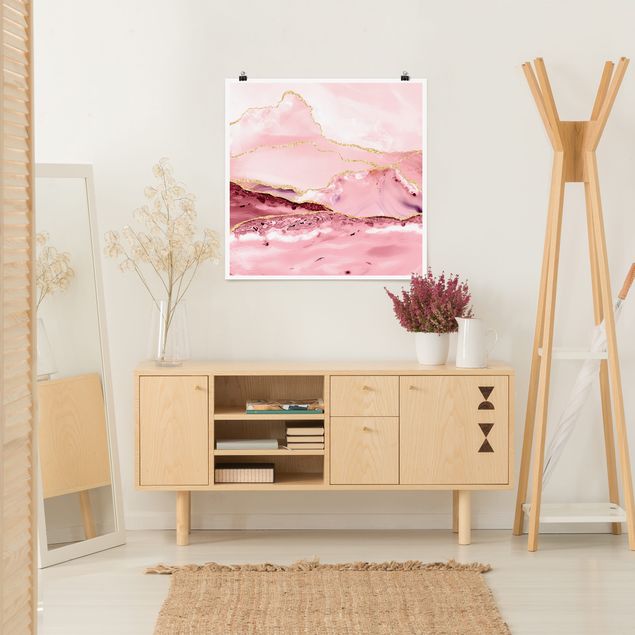 Poster - Abstrakte Berge Rosa mit Goldene Linien - Quadrat 1:1