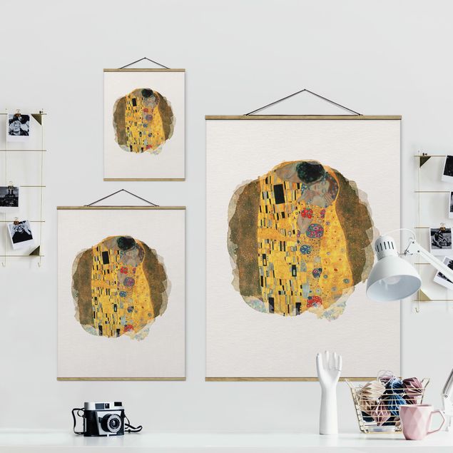 Stoffbild mit Posterleisten - Wasserfarben - Gustav Klimt - Der Kuss - Hochformat 3:4