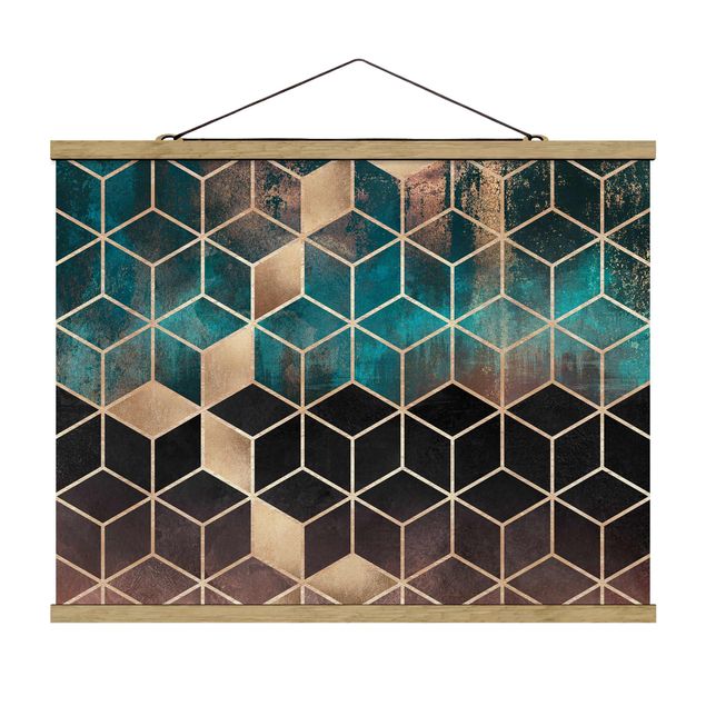Stoffbild mit Posterleisten - Elisabeth Fredriksson - Türkis Rosé goldene Geometrie - Querformat 4:3