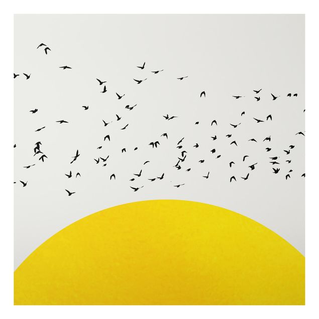 Aluminium Print - Vogelschwarm vor gelber Sonne - Quadrat 1:1