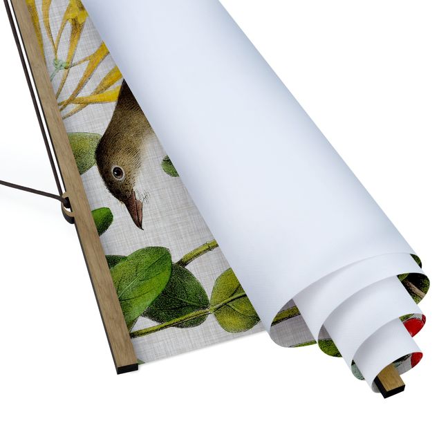 Stoffbild mit Posterleisten - Vogel auf Leinen Gelb II - Querformat 3:2