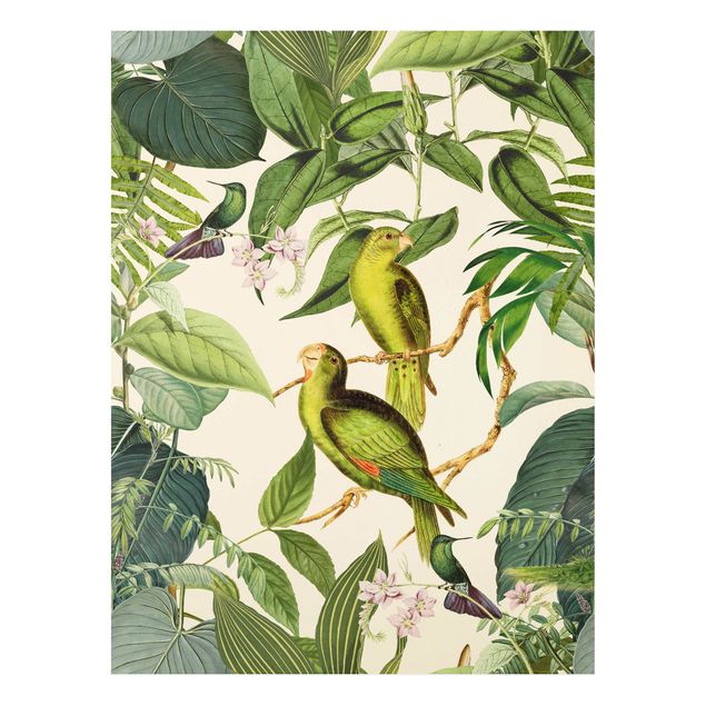 Forex Fine Art Print - Vintage Collage - Papageien im Dschungel - Hochformat 4:3