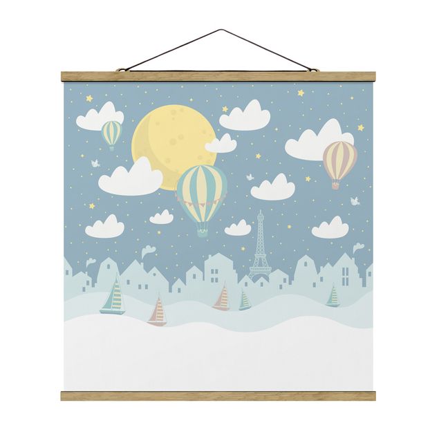 Stoffbild mit Posterleisten - Paris mit Sternen und Heißluftballon - Quadrat 1:1