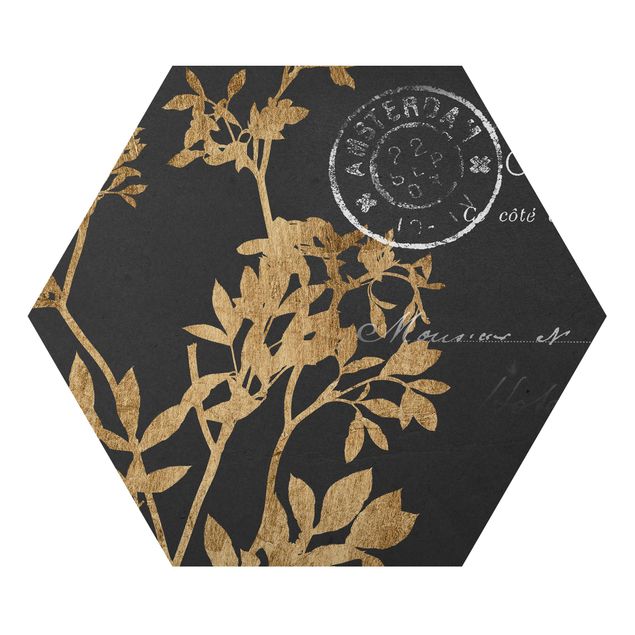 Hexagon Bild Alu-Dibond - Goldene Blätter auf Mokka I