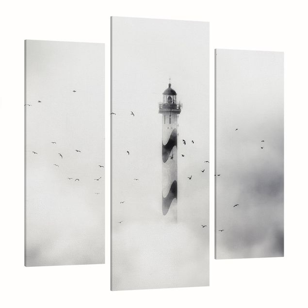 Leinwandbild 3-teilig - Leuchtturm im Nebel - Galerie Triptychon